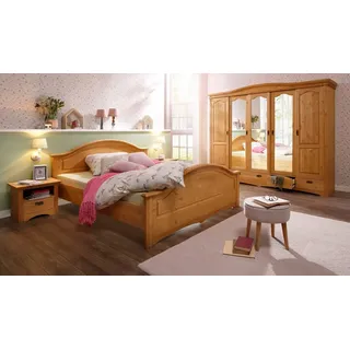 OTTO home Schlafzimmer-Set Konrad', komplettes Schlafzimmer mit großem Schrank, (Set, 4-tlg., Kleiderschrank 5 türig mit Schubladen, 2 Nachttische, Bett 180x200cm), klassischer Landhausstil, Metallgriffe, Massivholz (Kiefer) beige