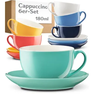 Cosumy Cappuccinotasse Cappuccino Tassen Set 6er mit Untertassen – Kaffeetassen Keramik 180ml, Keramik, 180ml bunt