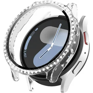 KeeFos Hülle Kompatibel für Samsung Galaxy Watch 7 44MM, Strassstein Gehäuse Panzerglas, 360° Rundum Schutzhülle, Displayschutz PC Schutzhülle, Kratzfest für Samsung Galaxy Watch 7 44MM - Transparent