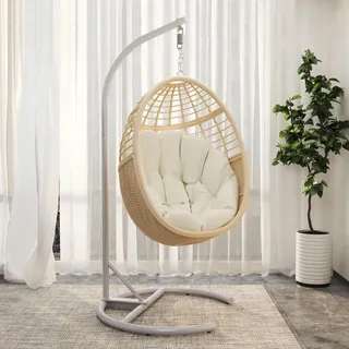 Vmopu Hängende Schaukelstuhl – Schaukel-Ei-Stuhl mit Stand, Weiden-Hängestuhl, Hängematte. Stuhl mit Kissen für Innen- und Außenbereich, geeignet als Festgeschenk und Geburtstagsgeschenk (Beige)