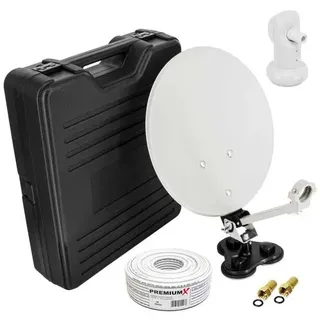 PremiumX Camping SAT Anlage Satelliten-Schüssel Single LNB 10m Kabel 2x F-Stecker Tischhalter Masthalter Saugfuß im Koffer ideales Camp Zubehör