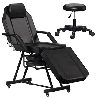 Anunweldo Mobile Massageliege/Tattooliege mit Verstellbarer Rückenlehne, inkl. höhenverstellbarem Drehhocker und Aufbewahrungsboxe