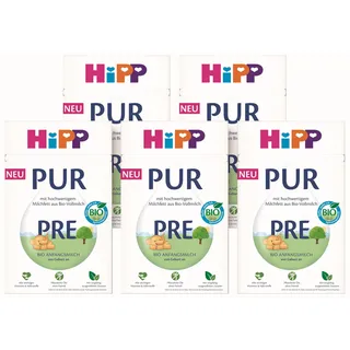 HiPP PRE PUR Anfangsmilch (5 x 500g), von Geburt an, mit hochwertigem Milchfett aus Bio-Vollmilch, ohne Palmöl, nur Lactose, mit wichtigen Vitaminen & Nährstoffen, vollmundig im Geschmack
