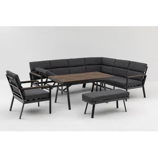 Gardissimo "Nara XL Oak Rechts, Dining Lounge mit Ecksofa, Esstisch, Bank, Sessel & Kissen - wetterfest bis 10 Personen - Bezüge waschbar - Alu Garten Sitzgruppe Gartenlounge Garten Möbel Set
