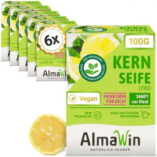 AlmaWin® pflanzliche Kernseife [6x 100 g] – mit zartem Zitronenduft, vegan | Pflanzenölseife zur Fleckenentfernung auf Textilien, mildes Seifenstück zur Handreinigung sowie für Haushalt & Werkstatt