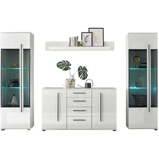 furn.design Wohnwand, weiß, 4-teilig 290 x 200 cm, Schrankwand mit 2 Vitrinen, Soft-Close-Funktion