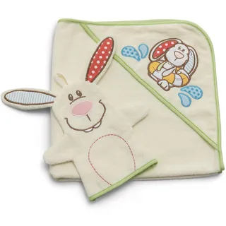 NICI Set Kapuzenbadetuch Hase Tilli 70x70cm inkl. Spiel -Waschhandschuh 23x14cm in Geschenkbox 28x28x4cm beige - Handpuppe mit Greif Elementen - Babyspielzeug für die Badewanne zum Greifen & Spielen