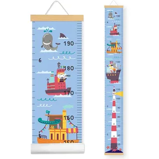 Messlatte Kinder-Wachstum Messlatte-Höhenlineal zum Aufhängen-Abnehmbare Leinwand mit Holzposterleiste - Kinderzimmer Deko und Geschenk zur Geburt(160cm x 20cm) (Blaues, Leuchtturm)