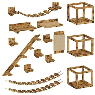 QLS Katzen Kletterwand Set XXL Hängebrücke Katzenbett Katzenregal aus Holz zur Wandmontage