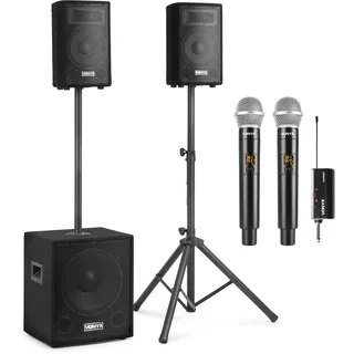 Vonyx VX0812BT - PA Anlage Komplettset + 2 Mikrofonen, Aktiv Subwoofer, 2X Passiv Hochtöner - 800 Watt, Ständer, Bluetooth, MP3, USB, SD, Mikrofonanschluss, mobiles PA System, DJ Boxen Set