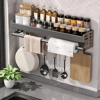 Edumov Gewürzregal Ohne Bohren für Küche: Gewürzregale Wand mit Haken und küchenrollenhalter - Rostfrei Gewürze Organizer Hängend Schranktür aus metall - Küchenregal Regal für Gewürzen Gewürzflaschen