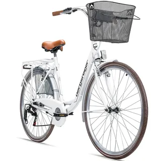 Bergsteiger Paris 26,28 Zoll Damenfahrrad, ab 140 cm, Korb, Fahrrad-Licht, 6 Gang-Schaltung, Damen-Citybike, Damenrad im Retro-Design