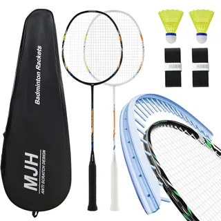 MANJHONG Badminton Set mit 2 Graphit Schläger - Kratzfestes Design - Federball Set für Erwachsene Incl. Federbälle, Griffbänder & Schlägertasche (Schwarz+Weiß)