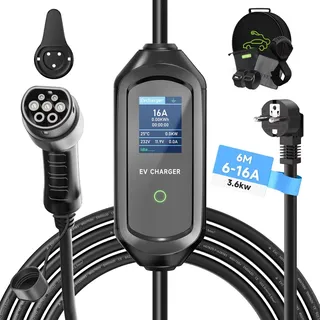 AFYEEV Typ 2 Ladekabel Schuko 3,68kW Mobile Wallbox 6M Ladegerät Typ 2 | Elektroauto Typ 2 Schuko mit 1-15H Verzögertes Laden, 6/8/10/13/16A Einstellbare Strom, EV Ladegerät für IEC 62196-2