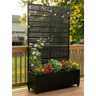 Hochbeet mit Sichtschutz, Metall Pflanzkasten mit Rankgitter und Rollen, freistehender Pflanzkübel 33cm tief, wetterfest für Blumen und Kletterpflanzen - Ideal für Garten, Balkon und Terrasse