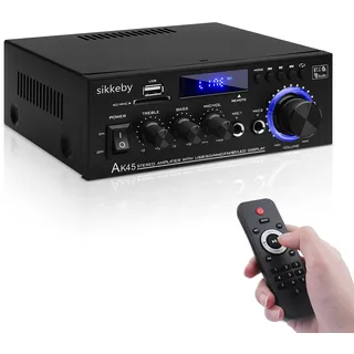 HiFi Verstärker mit Bluetooth AK45 | Mini Stereo Empfänger Audio Audioverstärker 2.0 Kanal 40W × 2 | Karaoke Mikrofon | USB SD FM | Bass Höhenregler | Klein Heim Audio Party Verstärker