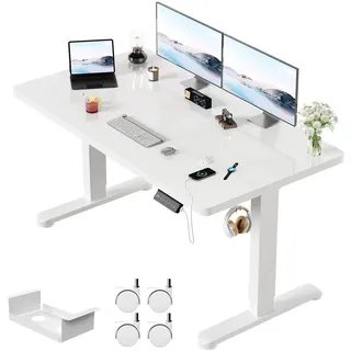 HOMALL Schreibtisch Höhenverstellbarer Elektrisch mit 25mm starker einteiliger Tischplatte (Ausgestattet mit zwei Motoren und doppelten Verstärkungsstreben, trägt er über 100 kg und lässt sich nach oben und unten sowie nach links und rechts verstellen) weiß 140 cm x 70 cm