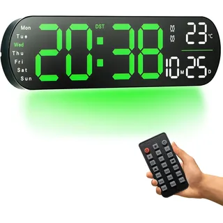 PiKaPiKaP Digitale Wanduhr, 14 Zoll große Digitaluhr mit Fernbedienung – automatischer Dimmer/Einstellung, 8 farbige Nachtlichter, 24/12-Stunden-Wanduhr für Wohnzimmer, Büro, Klassenzimmer, Grün