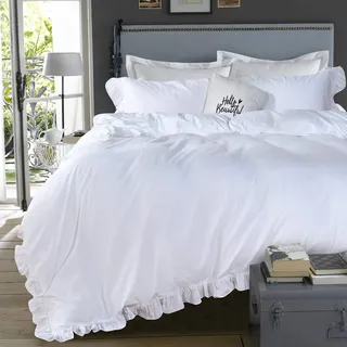 QSH Bettbezug-Set, Gewaschene Baumwolle, gerüscht, für King-Size-Betten, Vintage-Stil, weiß, Shabby-Boho-Chic, Rüschen, Bauernhaus-Bettwäsche, Steppdecke, französisches Landhaus, King-Size-Bettwäsche