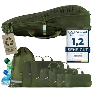 Travel Dude Packwürfel Set mit Kompression aus recycelten Plastikflaschen, Leichte Packing Cubes, Packtaschen Set für Rucksack und als Koffer Organizer, Zubehör (Wald Grün, 7-teiliges Set)
