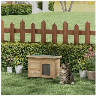PawHut Katzenhaus aus Holz Katzenhütte Outdoor Katzenhöhle mit Türvorhang Gelb