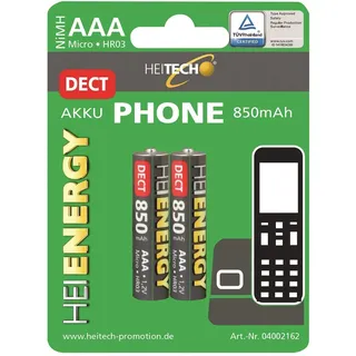 Heitech vorgeladener 2er Pack NIMH-Akku Micro/AAA/HR 03 850 mAh 1,2V NiMH - für DECT Schnurlostelefon mit geringer Selbstentladung - Akkus für Geräte mit hohem Stromverbrauch