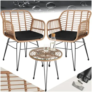 tectake® Outdoor Rattan Sitzgruppe, Möbel für 2 Personen, 3-TLG. Bistroset, Balkonmöbel, Gartenmöbel Set mit 2X Stühle + Tisch, kleine Lounge wetterfest für Garten Balkon Terrasse -Natur