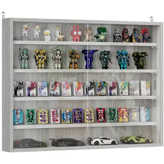 HOMCOM Sammlungsvitrine Hängevitrine 80 x 9,5 x 60 cm mit 4 höhenverstellbaren Regalböden und 2 Glasschiebetüren, für die Sammlung von Figuren und Modellautos, grau