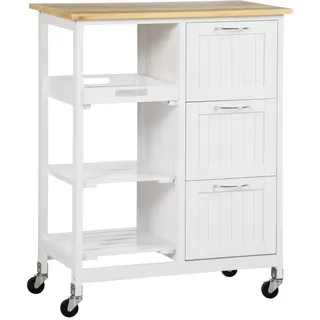 Homcom Küchenwagen Servierwagen mit 3 Schubladen, Küchenrollwagen mit 3 Ebenen, Arbeitsplatte, Weiß, 67 x 37 x 85 cm