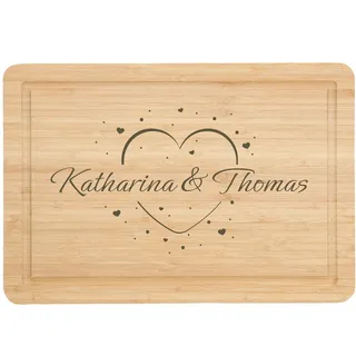 Personalisiertes Schneidebrett aus Bambus für Brautpaar Hochzeitsgeschenk mit Gravur Geschenk zur Hochzeit für Hochzeitspaar mit Name und Datum nach Wunsch - Motiv: Namen im Herz