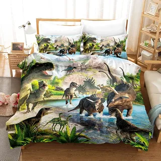 Zqylg Jungen Mädchen Dino Bettwäsche, Kissenbezug 80x80 + Bettbezug 135x200 cm, Jurassic Bunter Dinosaurier, 100% Polyester Baumwolle, Kinderbettwäsche, Teenagerbettwäsche (01,135 X 200)