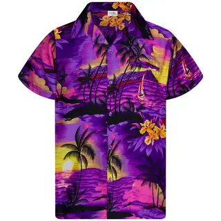 King Kameha Funky Hawaiihemd Kinder Jungen Mädchen Kurzarm Fronttasche Hawaii-Print Unisex Surf Palmen Muster - 4 Jahre