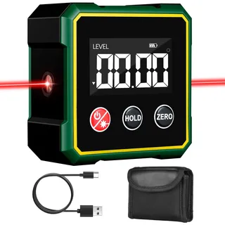 Flintronic Digitaler Winkelmesser, Winkelmesser mit Elektronischem 4-Seitigem Starkem Magnetischem, LCD Display, Laser, Wasserdicht, Wasserwaage Digital Für Holzarbeiten und Bauprojekte, Grün Schwarz