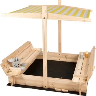 needs&wants® Sandkasten mit Abdeckung Dach Deckel Sitzbank und Boden, Sandkiste Holz quadratisch verschließbar UV-Sonnenschutz mit Bank Outdoor Garten für Kinder, 120x120 cm, Tanne gelb weiß braun