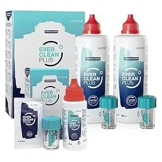 Avízor Ever Clean Plus – Reinigungs- und Desinfektionslösung für Kontaktlinsen – Tiefenentfernung von Lipidablagerungen – 2 x 350 ml Flasche + 90 Tabletten & 60 ml Flasche + 8 Tabletten – Reise-Set
