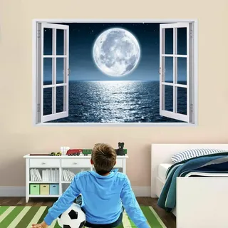 3D Wandtattoo Wanddurchbruch Wandaufkleber, Mond Wandsticker Wanddeko Wandbilder, Vinyl Wand Aufkleberfür Wohnzimmer Schlafzimmer Badezimmer Flur Küche Möbel Aufkleber 120x80cm