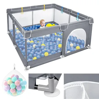 Aufun Laufstall Baby Laufgitter 300D Oxford Gewebe, mit Anti-Kollision Schaum Absperrgitter, Atmungsaktivem Netz, Reißverschluss (Dunkelgrau, 127x127x68cm)