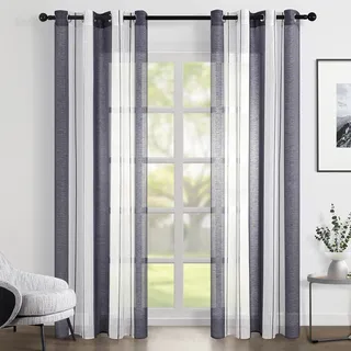 Topfinel Vorhänge mit Ösen Stores Gardinen Weiß-Grau Streifen Vorhang Halbtransparent kurz Ösenvorhang 140x225 cm Dekorieren Moderner Wohnzimmer