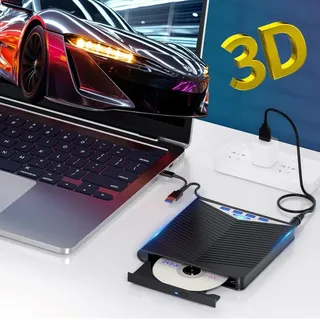 AIORBER Externes Blu-ray DVD CD Laufwerk USB 3.0 Type-C SD Kartenleser, 6X BD, 8X DVD, 24X CD, Plug & Play, stoßfest, Schwarz