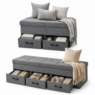 Onbest Sitzbank mit Stauraum gepolstert faltbar, Sitzhocker, Sitztruhe Fußbank, 3 Schubladen, bis 110 kg, klappbarer Deckel, Leinenoptik grau 110 cm x 40 cm x 36 cm