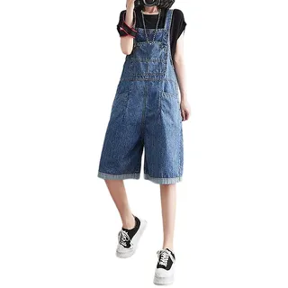 Sawmew Kurzer Jumpsuit für Damen Sommer Kurze Jeans Latzhose Damen Latzhose mit Hosenträgern Locker Sitzende Tank Strampler Shorts Playsuits Outfits mit Taschen Blue Jeans(Blue,XXL) - XXL
