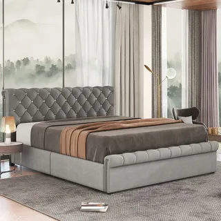 Merax Hydraulisches Boxspringbett 140x200cm mit Bettkasten und höhenverstellbarem Kopfteil, Polsterbett Funktionsbett Doppelbett aus Samt - Grau