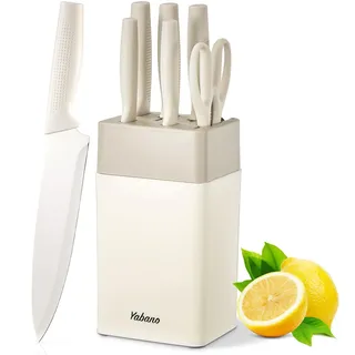 Yabano Messerblock Set, 7 teilig Messerset mit Messerblock und integriertem Messerschärfer,Küchenmesser Set mit Kunststoffblock (Weiß)