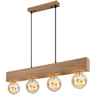ETC Shop Pendelleuchte Holzlampe 4 flammig Holzbalken hellbraun Hängelampe Wohnzimmerleuchte, Metall Holz, 4x E27 Fassungen, LxBxH 80x6x120 cm