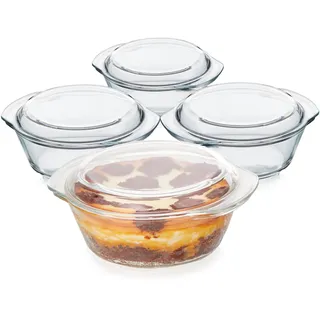 KHG Auflaufformen aus Glas mit Deckel 4er Set 1 Liter Rund für kalte & warme Speisen, spülmaschinenfest, mikrowellengeeignet, Glasbräter Glasform Backform, 21x9x18 cm