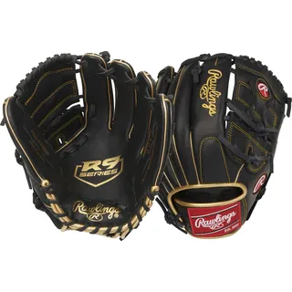 Rawlings Herren Baseball-Handschuh der R9-Serie, Größen 29,2 cm – 32,4 cm, 2-teiliges solides Netz | Schwarz/Gold, 12" | Pitcher