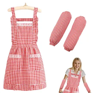 Schürze Damen Kittelschürze – Modische Küchenschürze für Damen, Doppelte Lage Rot Karierte, mit Ärmelschoner – Stilvolle Kittelschürze Oma