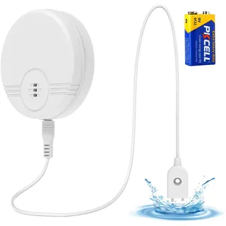 Erdiegle Wassermelder Wasseralarm, 135dB Wasser Sensor Alarm Wasserwarner Flut Detektor für Keller, Badezimmer, Waschküche, Küchen, Garagen, und Dachböden (6F22/9V Batterien enthalten) (1 Pack)