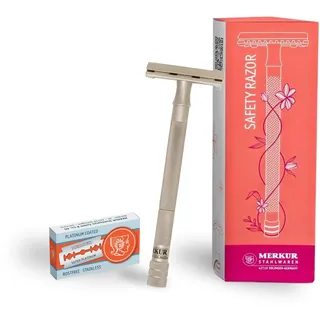 MERKUR Edelstahl Rasierhobel 24 INOX | Seidenmatt | extra langer Griff | Dreiteiliger Premium Rasierer mit geradem Schnitt | Geschlossener Kamm | Ideal für Nassrasur | Made in Germany