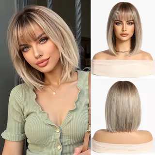 Esmee Kurze Gerade Blonde Bob Perücken mit Fransen Schulter Länge Perücke Synthetische Ombre Perücken für Cosplay Täglich & Party Verwendung
